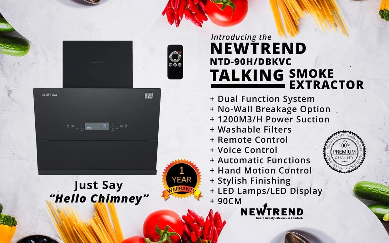 Newtrend 90CM Cooker Hood | Charcoal Filters and No Wall Breakage Option with Voice Control | NTD-90HDBKVC